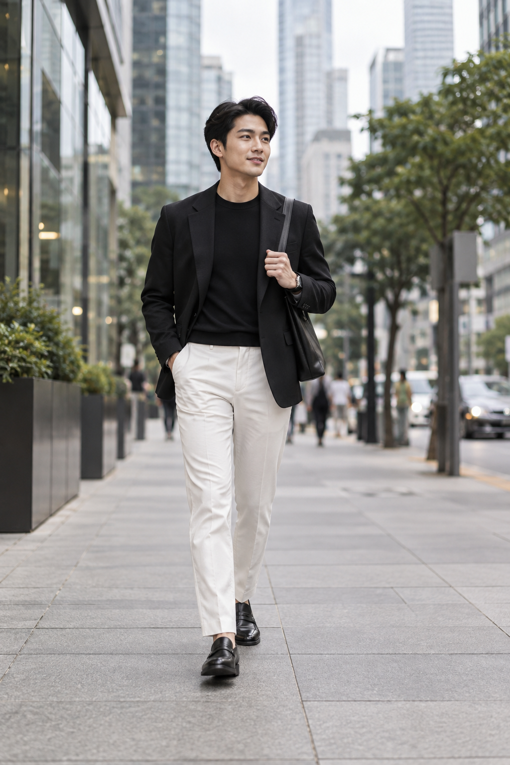 Stylish young adult wearing a tailored black and white outfit in the city