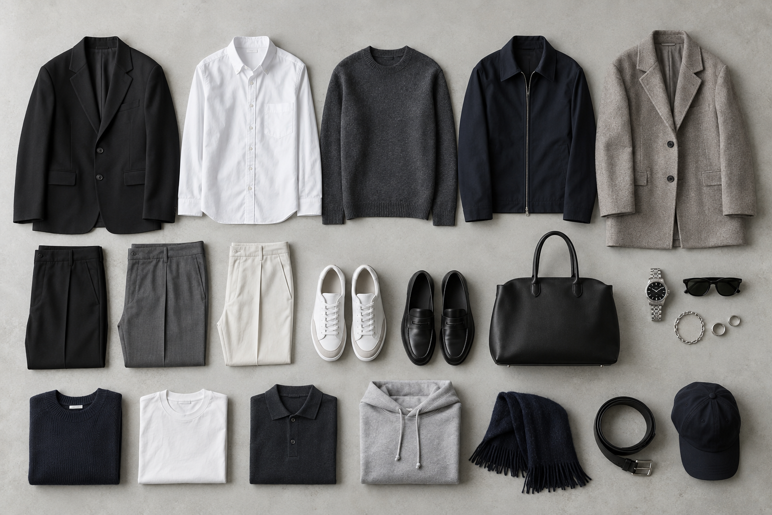 A neatly organized modern wardrobe and accessories