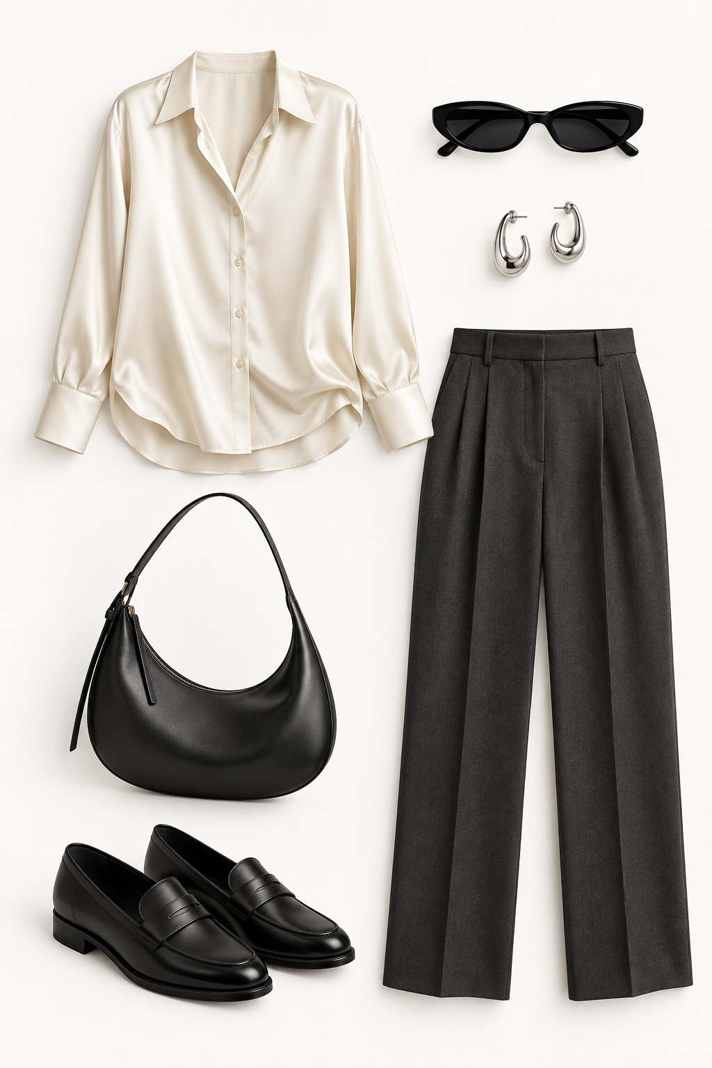 Cream blouse, charcoal trousers and black accessories arranged as an outfit